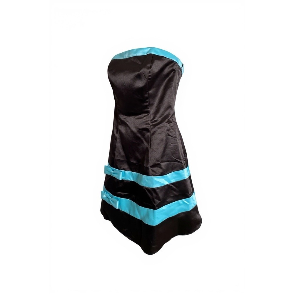 Y2K Jessica McClintock Strapless‎ Satin Dress Black Aqua Bow Promcore Glam 3/4